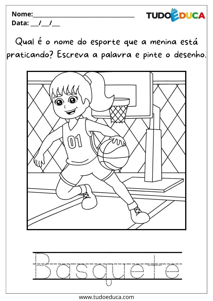 Atividade sobre Brincadeiras e Hobbies para Crianças Autistas pinte a menina jogando basquete