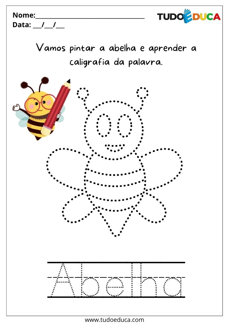 Atividades de Caligrafia para Autismo trace a palavra abelha e pinte a figura