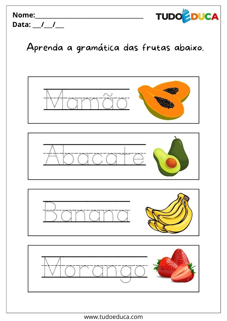 Atividades de Caligrafia para Autismo trace as palavras mamão, abacate, banana e morango