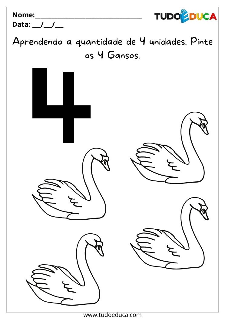 Atividade com Números para Educação Infantil pinte os quatro gansos
