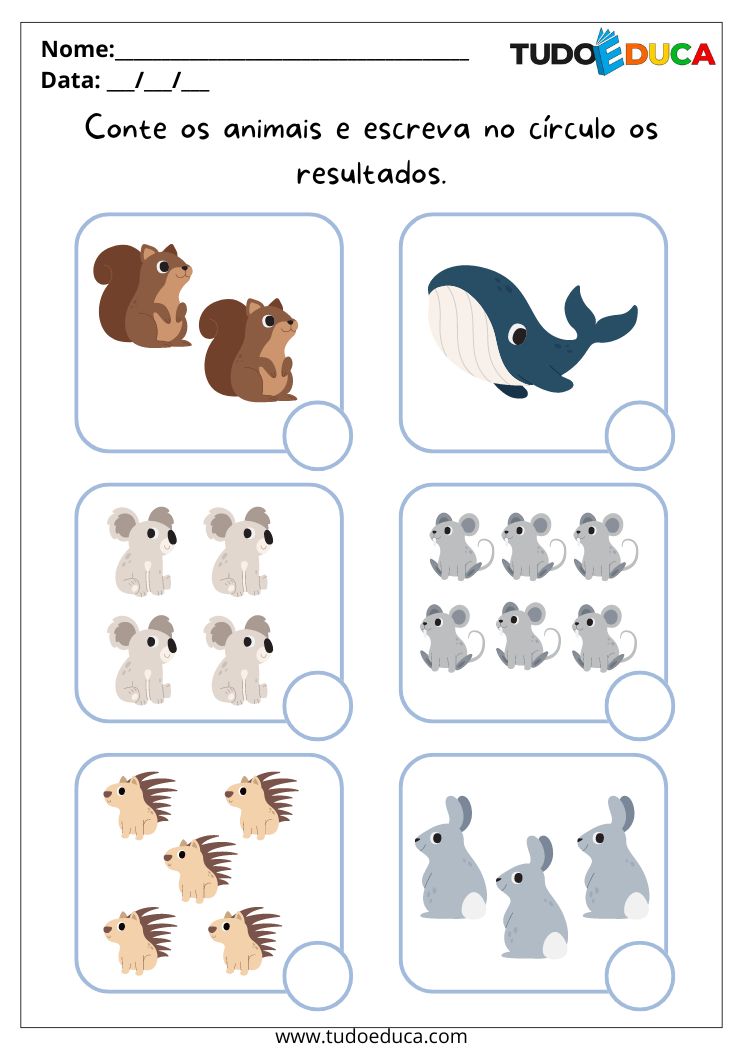 Atividade com Animais para Educação Infantil conte e escreva a quantidade de animais