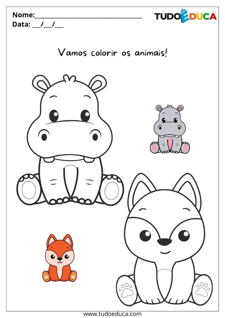 Atividade com animais para o maternal vamos colorir a raposa e o hipopótamo