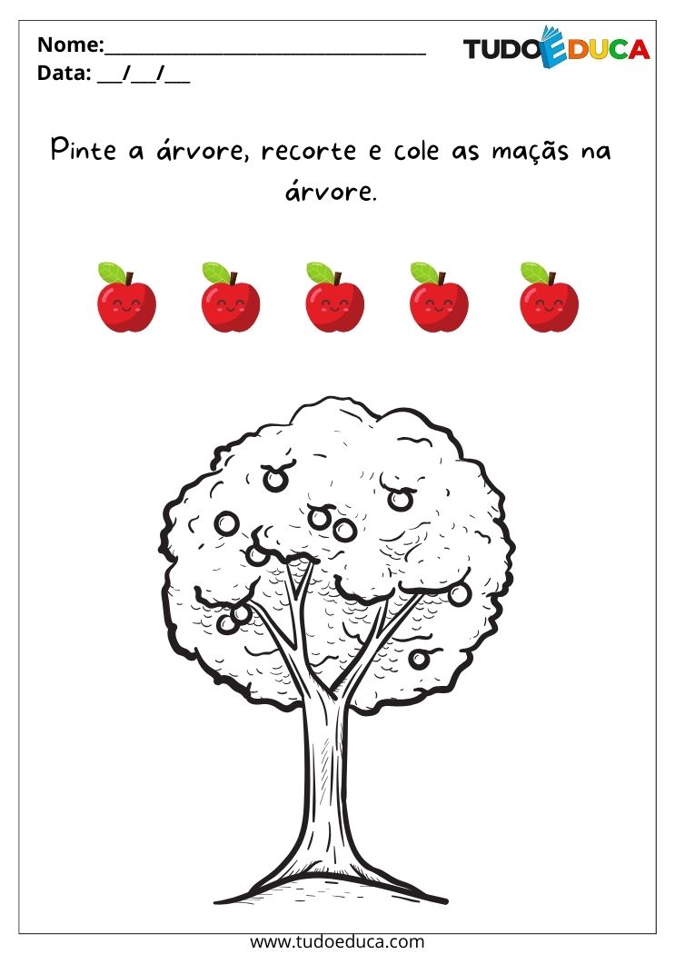 Atividade com frutas para o maternal pinte a árvore e recorte e cole as maçãs