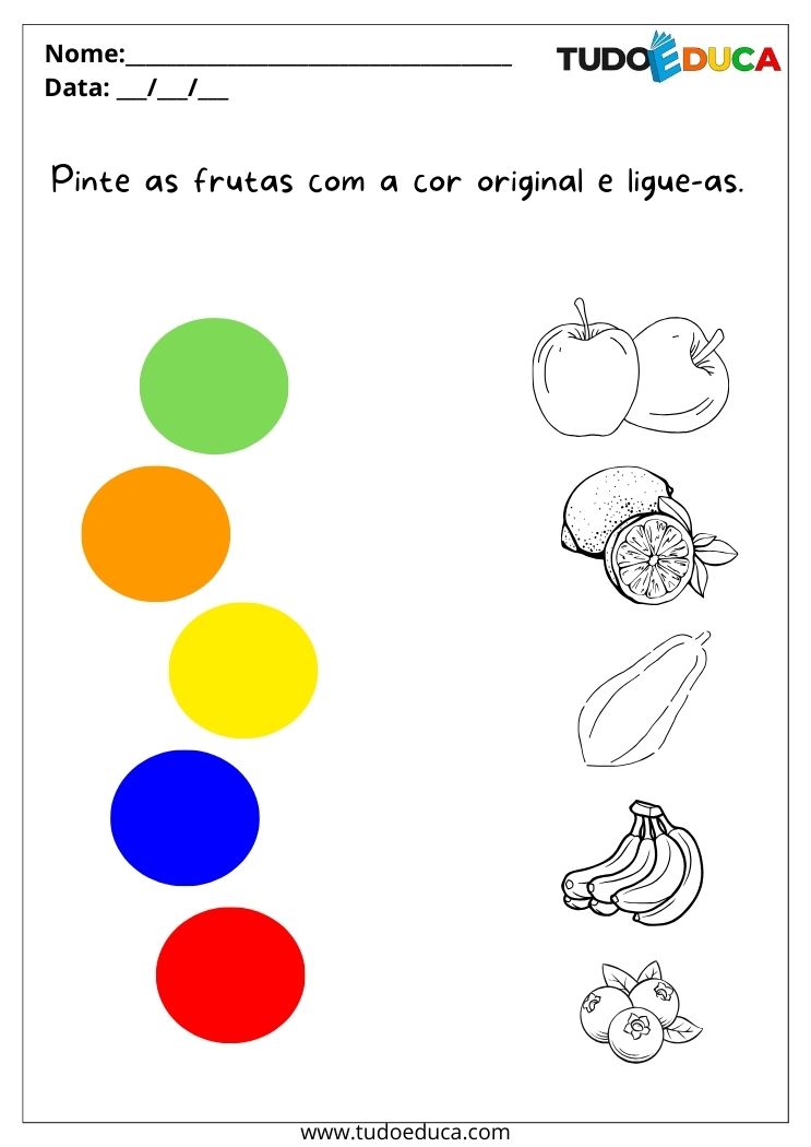 Atividade com frutas para o maternal pinte as frutas com as cores originais e ligue-as