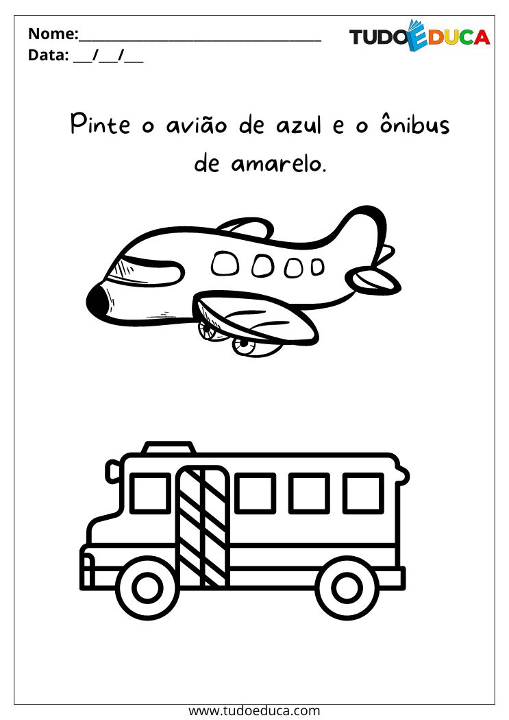 Atividade com meio de transporte para o maternal pinte o avião de azul e o ônibus de amarelo