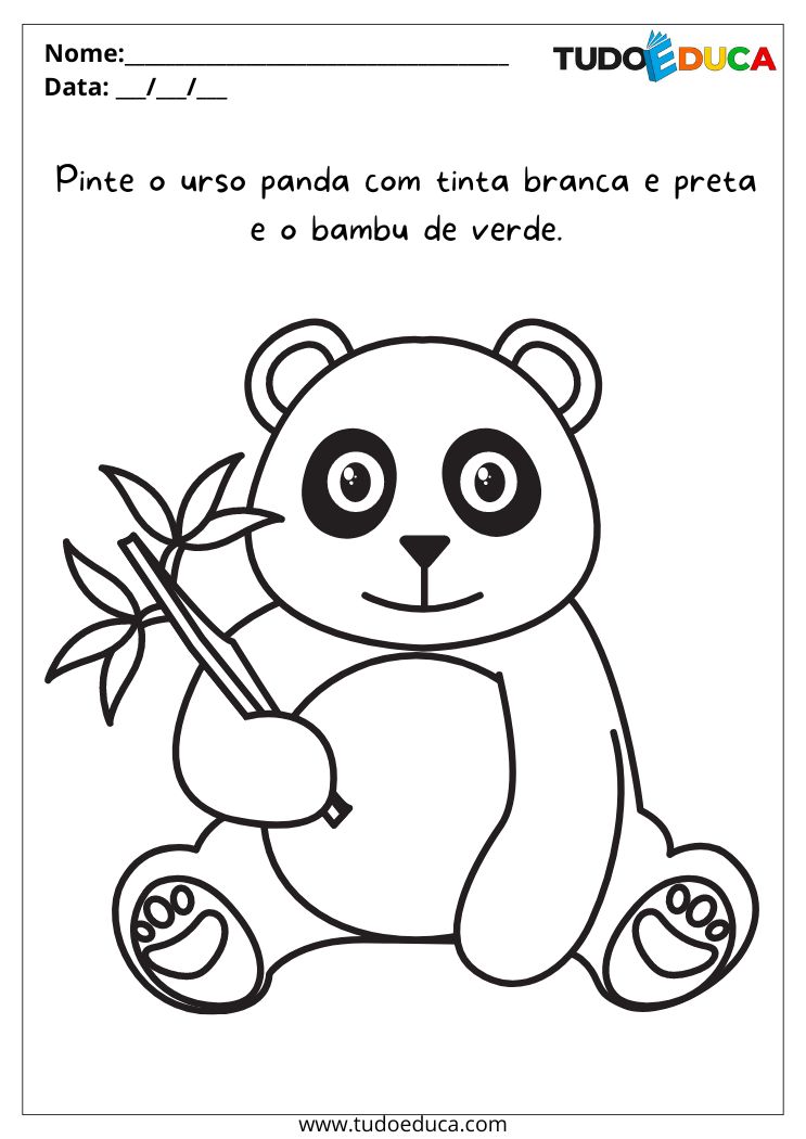 Atividade para maternal com animais para colorir pinte o urso panda com tinta branca e preta e o bambu de verde