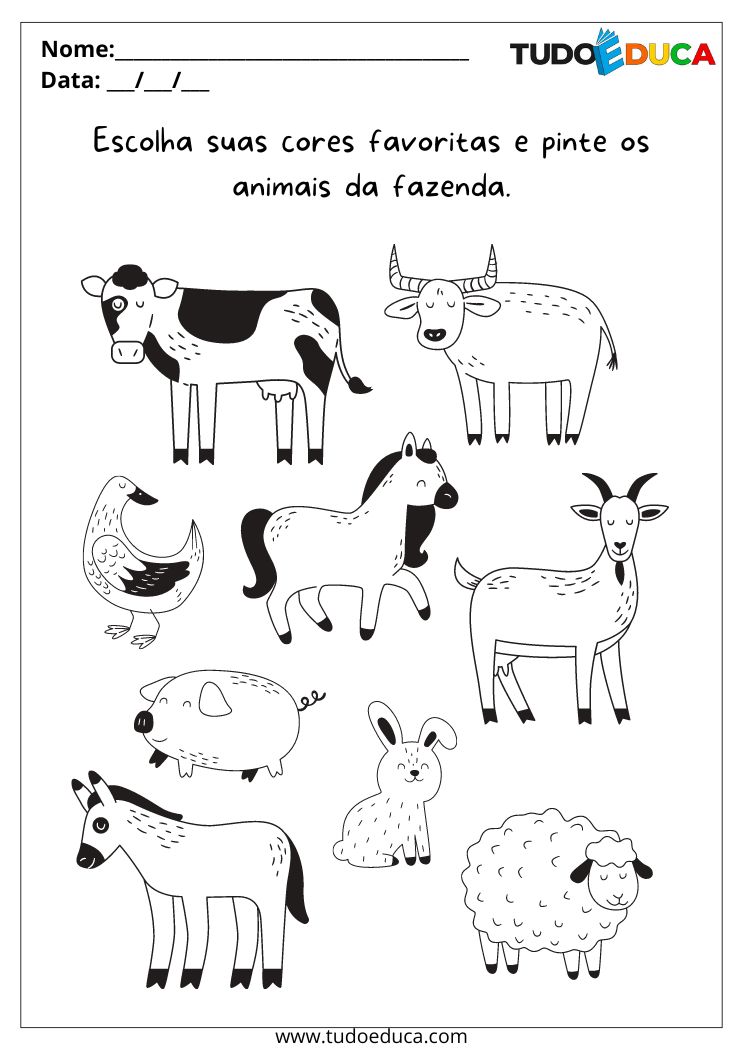 Atividade para maternal com animais para colorir pinte os animais da fazenda com suas cores favoritas