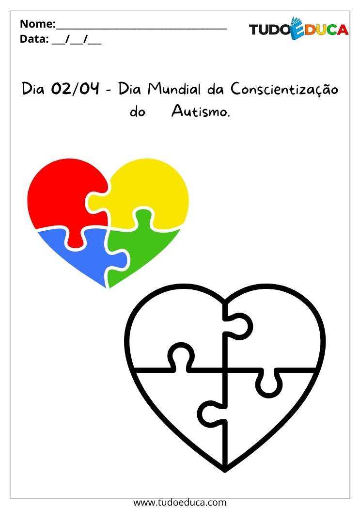 Atividade para o Dia de Conscientização do Autismo pinte o coração igual o da figura