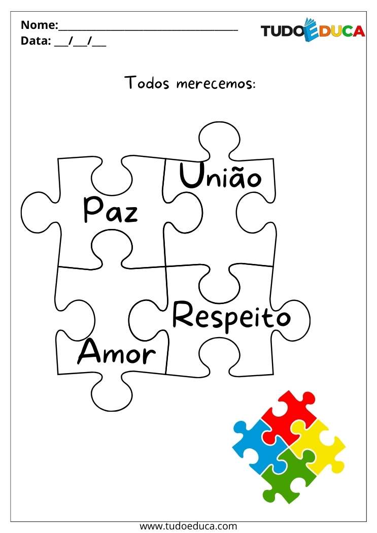 Atividade para o Dia de Conscientização do Autismo todos merecemos paz, amor, união e respeito