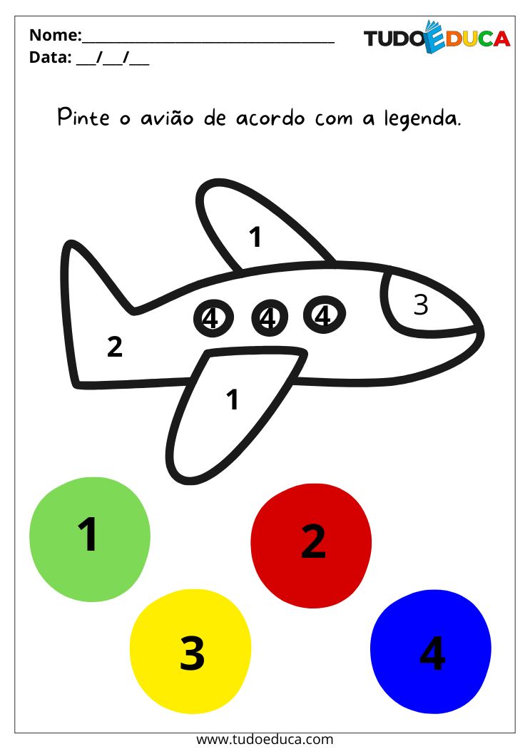 Atividade para o maternal com meios de transporte para colorir pinte o avião usando a indicação das cores