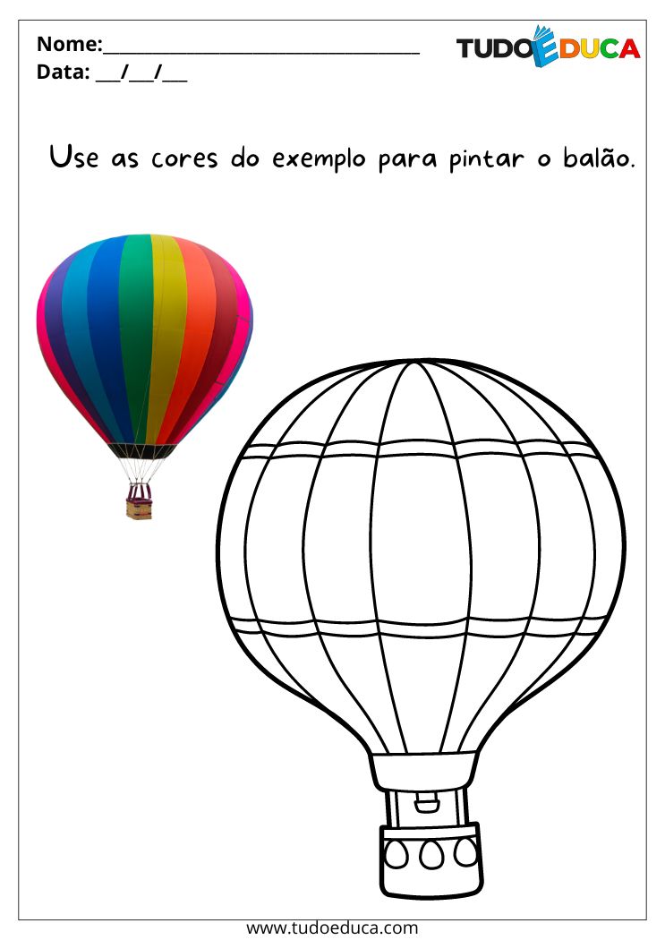 Atividade para o maternal com meios de transporte para colorir pinte o balão com as tintas do exemplo