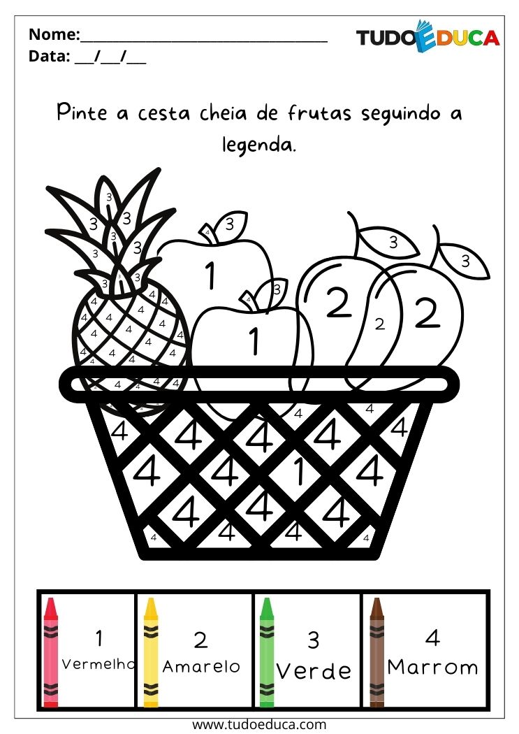 Atividade sobre Alimentação Saudável para o Maternal pinte a cesta de frutas seguindo a legenda