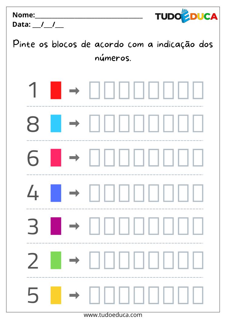 Atividade TEA para Alunos Autistas pinte a quantidade de blocos indicados pelos números