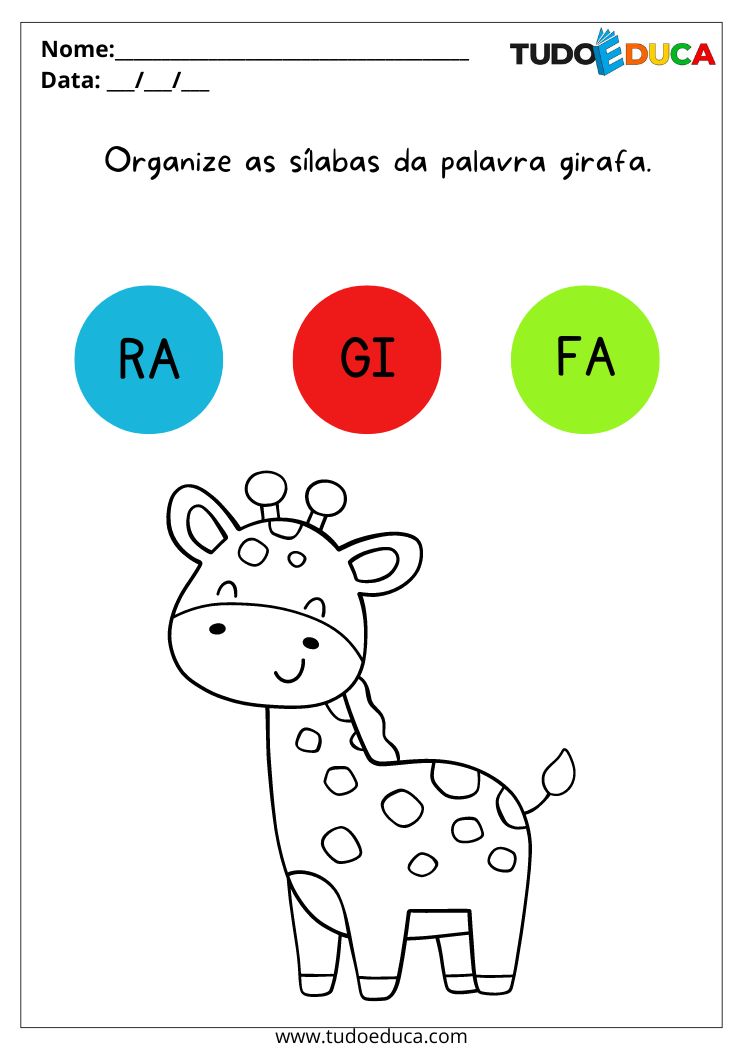 Atividade TEA para Alunos Autistas pinte e organize as sílabas da girafa
