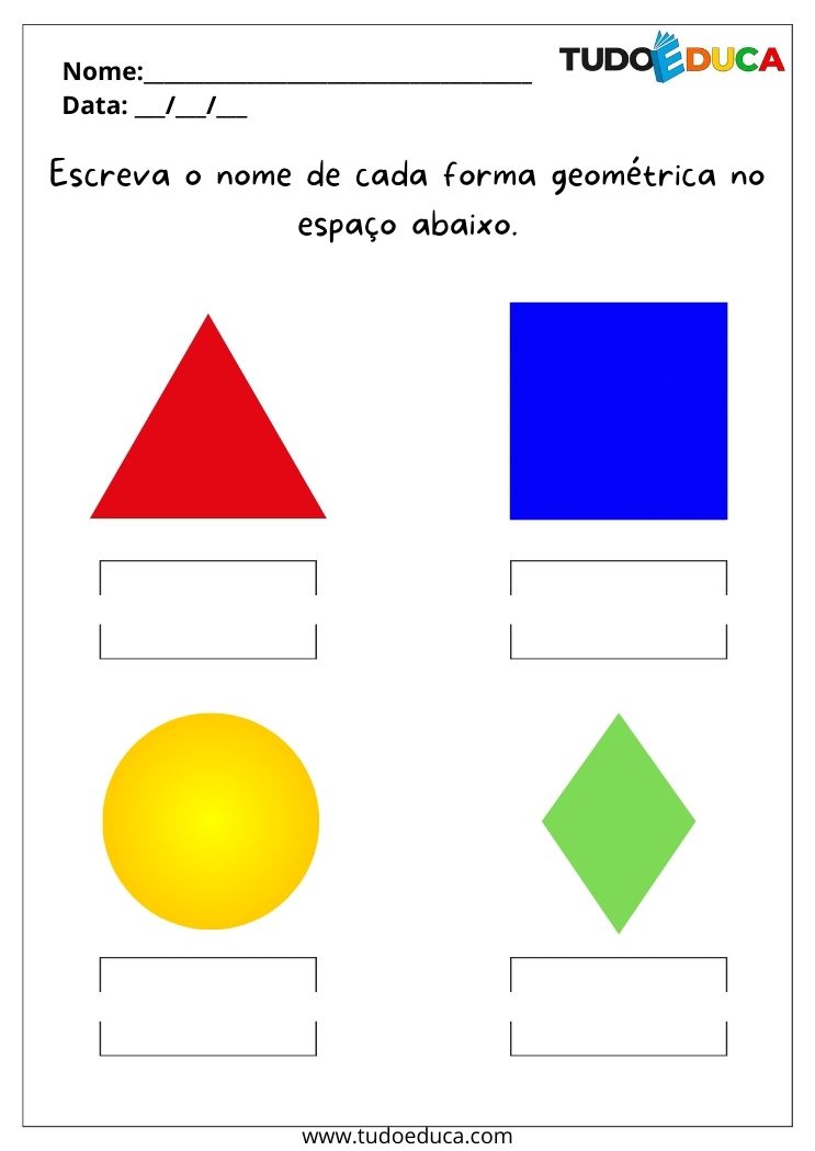 Atividade com Formas Geométricas para Educação Infantil para Imprimir escreva o nome de cada forma geométrica das figuras