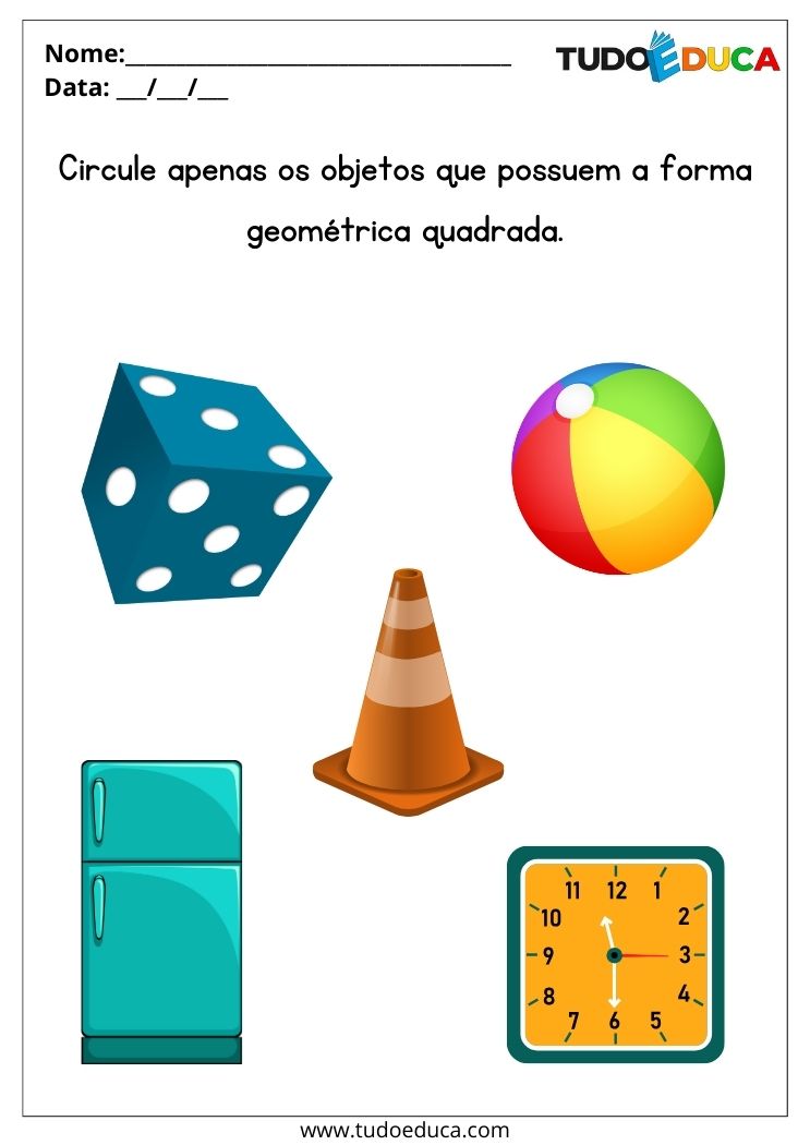 Atividade com formas geométricas para o maternal circule apenas objetos quadrados