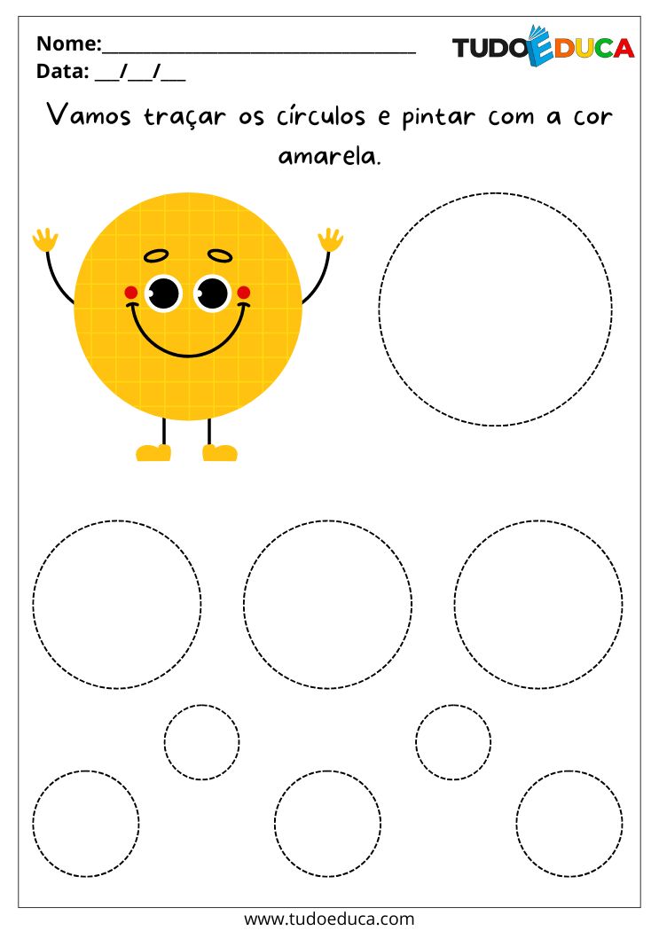Atividade com formas geométricas para o maternal trace os círculos e pinte de amarelo