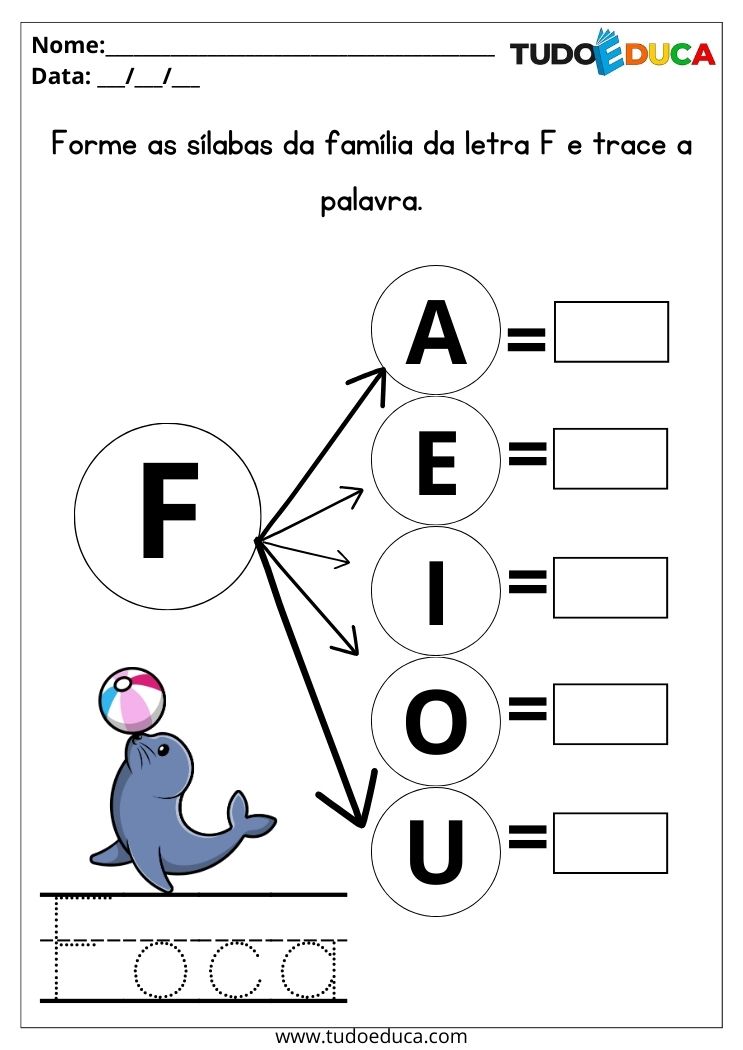 Atividade com sílabas para imprimir forme as sílabas com a letra f e trace a palavra foca