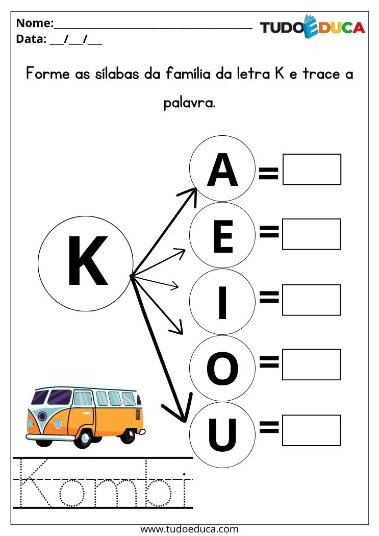 Atividade com sílabas para imprimir trace a kombi e forme as sílabas da família da letra K