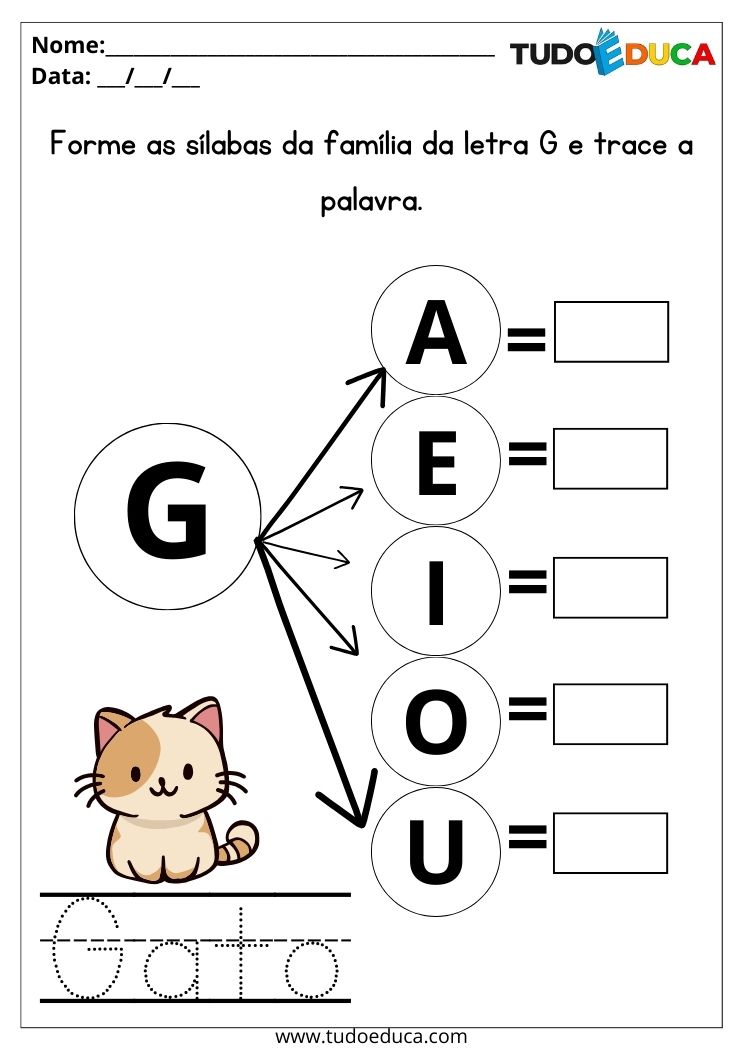 Atividade com sílabas para imprimir trace a palavra gato e forme as sílabas