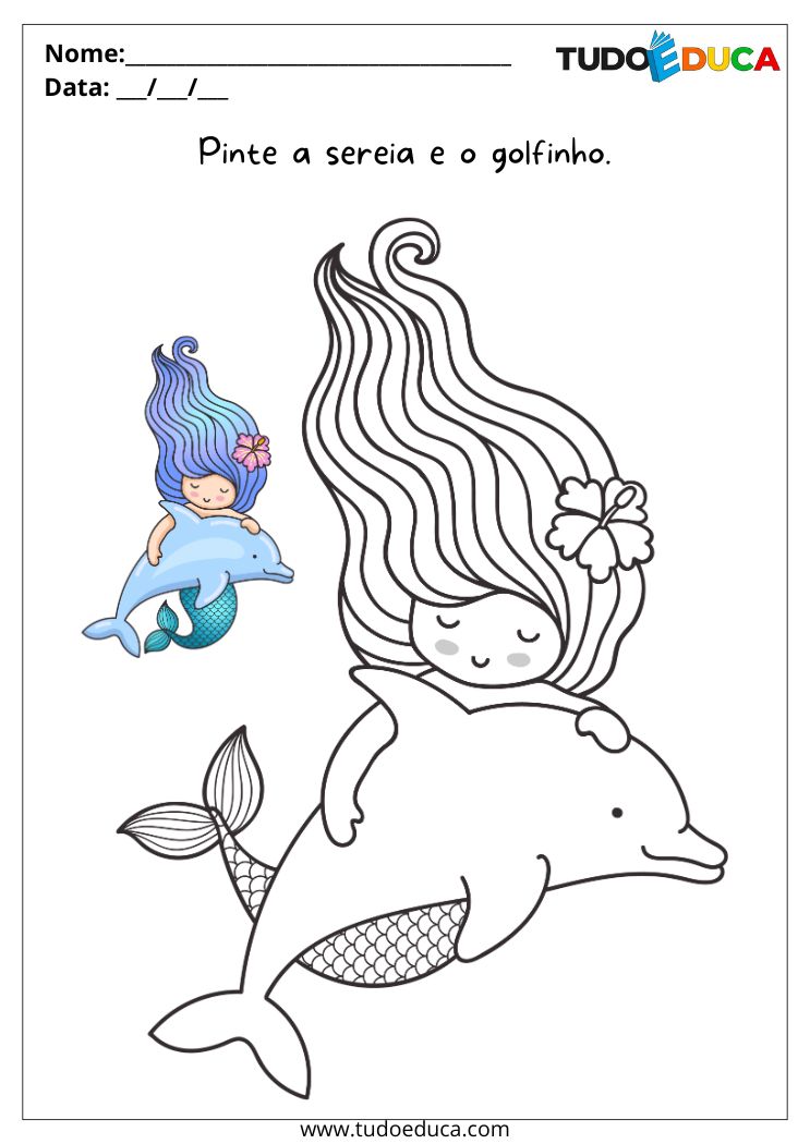 Atividade de Pintura para Educação Infantil para Imprimir pinte a sereia e o golfinho
