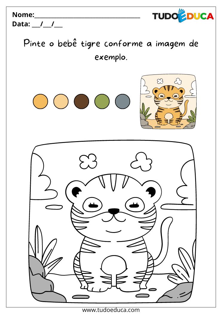 Atividade de Pintura para Educação Infantil para Imprimir pinte o bebê tigre igual ao exemplo