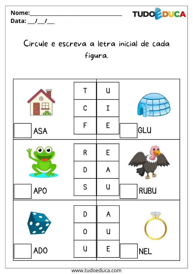 Atividade de português para educação infantil circule e escreva a letra inicial de cada figura