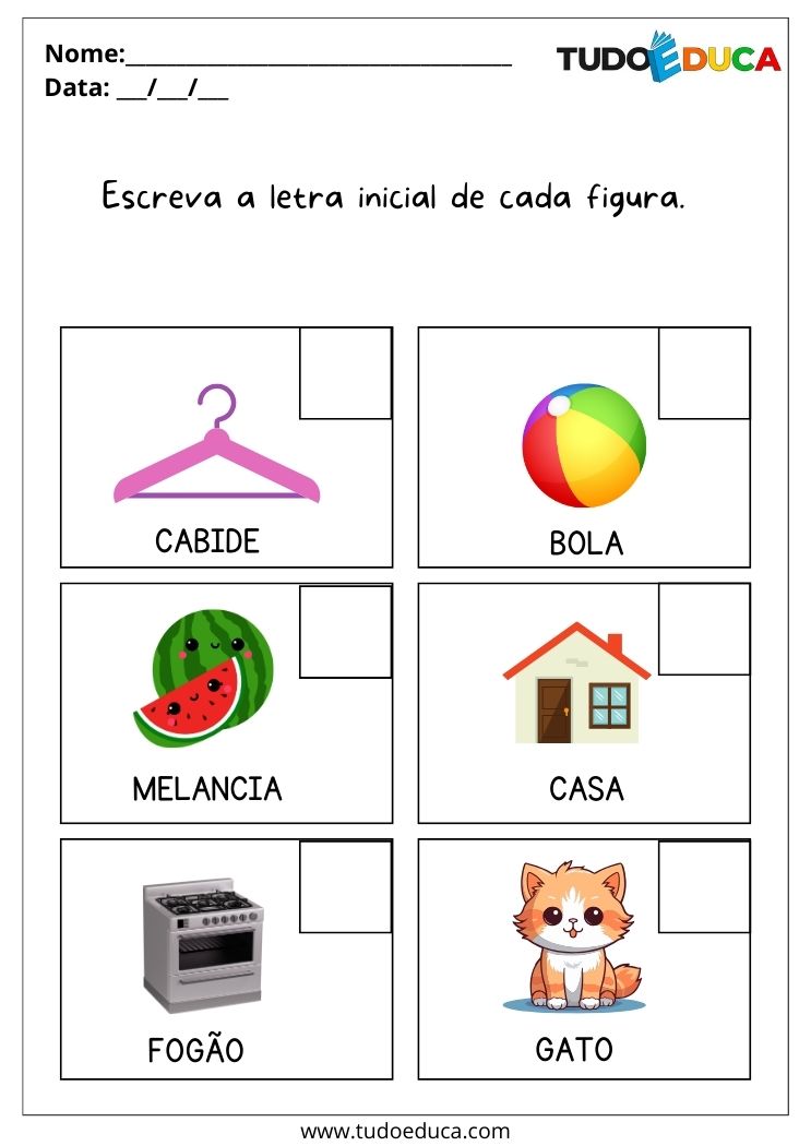 Atividade de português para educação infantil escreva a letra inicial de cada figura