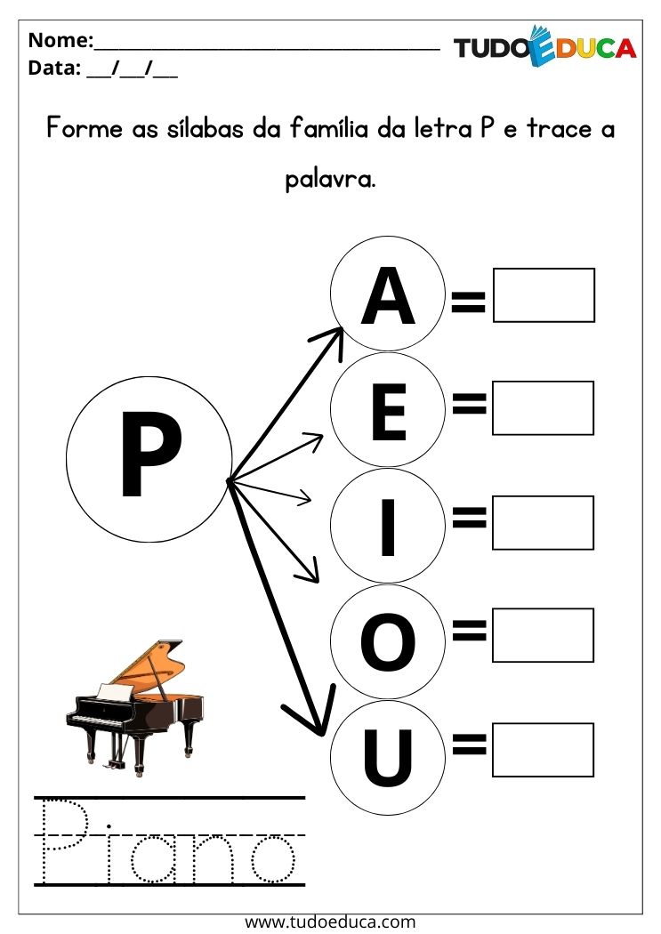 Atividade de português para educação infantil forme as sílabas com a letra P e trace a palavra piano