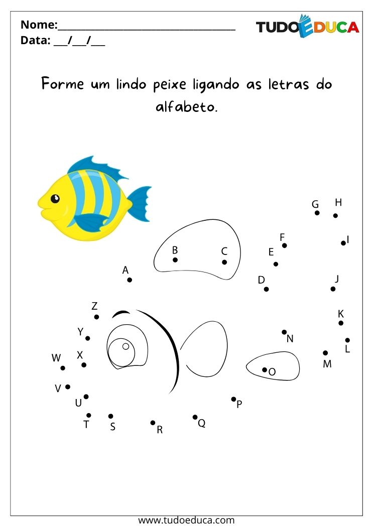 Atividade de português para educação infantil ligue as letras e forme um lindo peixe