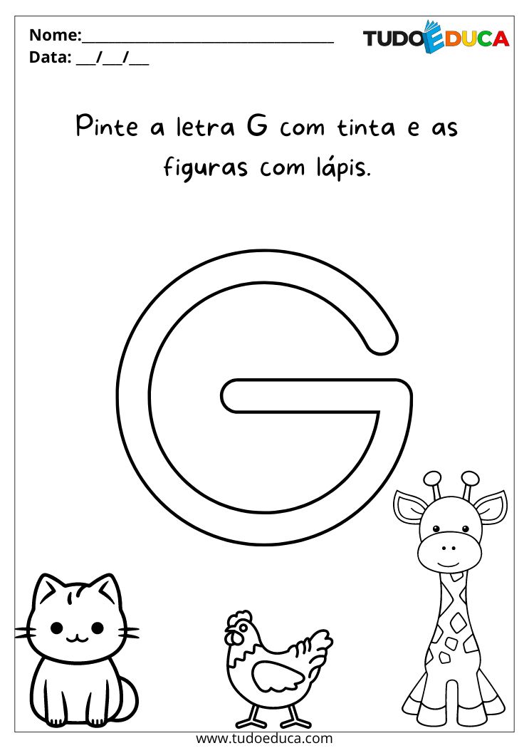 Atividade de português para o maternal pinte a letra G com tinta e as figuras com lápis