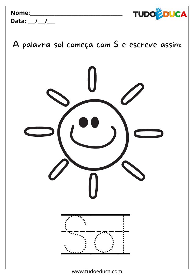 Atividade de português para o maternal pinte o sol e escreva a palavra