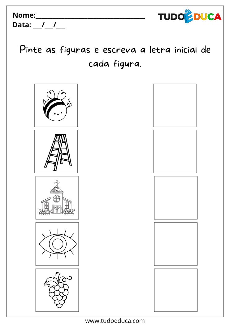 Atividade de português para educação infantil pinte as figuras e escreva a letra inicial