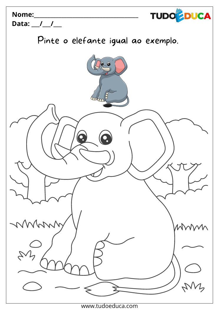 Atividade de pintura para Educação Infantil para imprimir pinte o elefante conforme ao exemplo