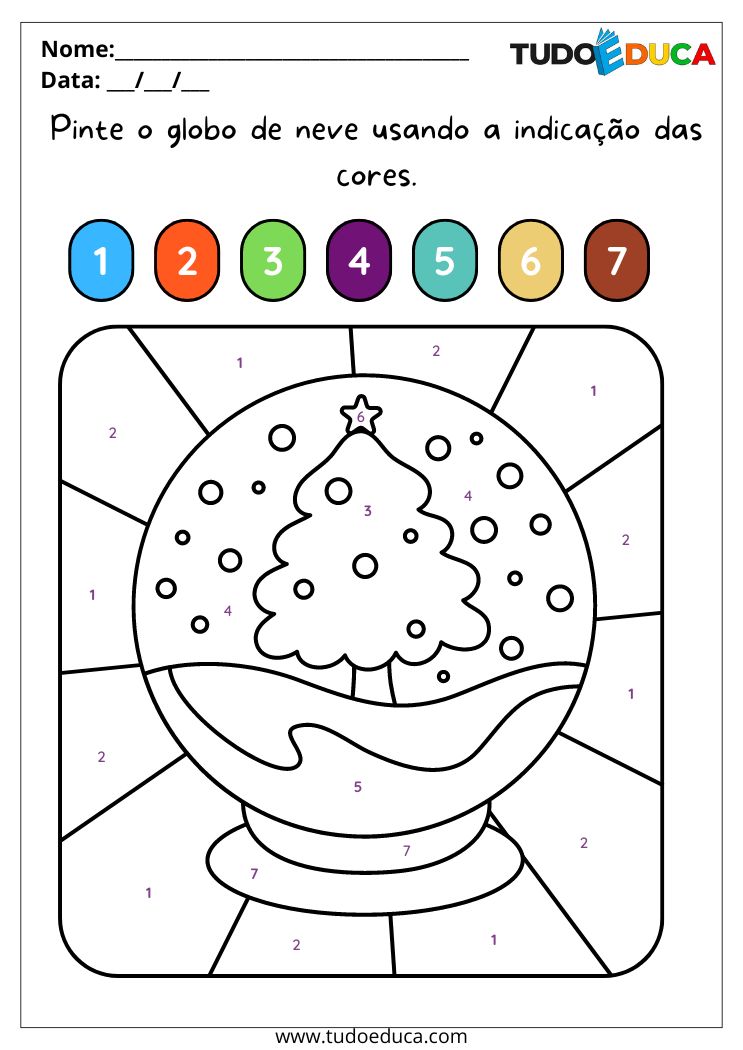 Atividade de pintura para Educação Infantil para imprimir Pinte o globo de neve conforme os números