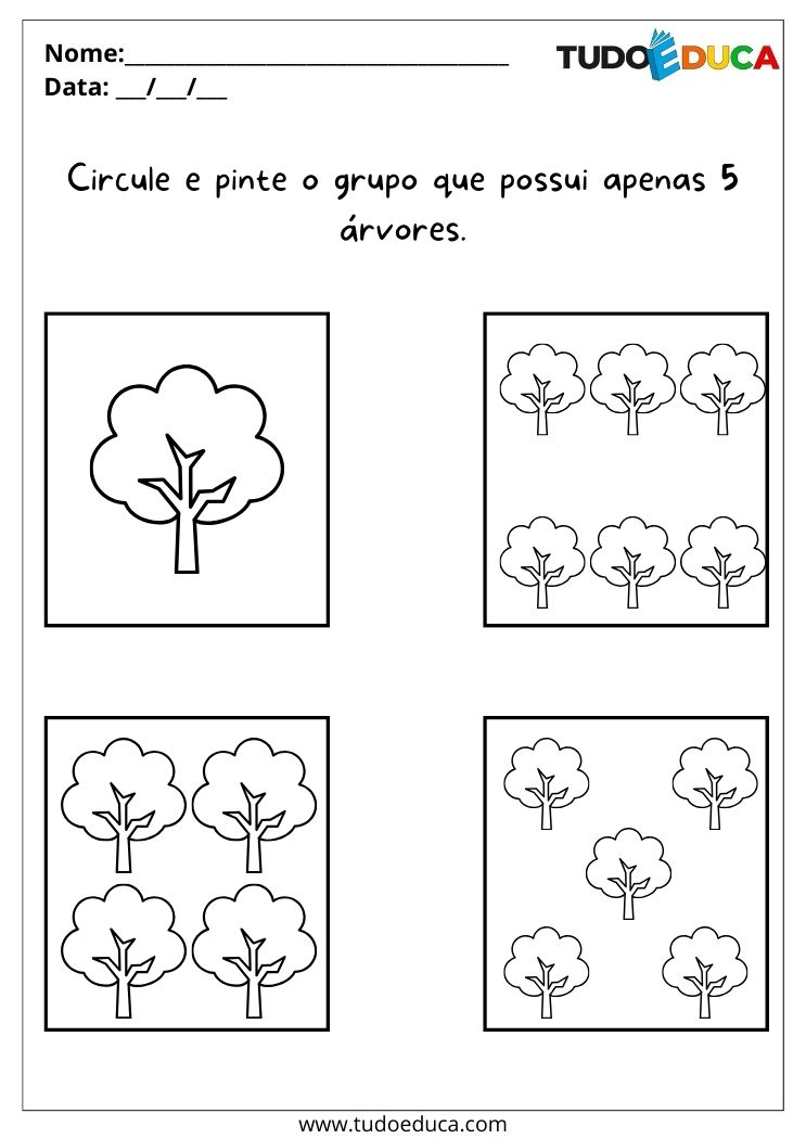 Atividade com números para alunos com TDAH no maternal para imprimir circule o grupo que possui 5 árvores