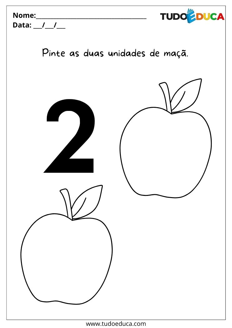 Atividade com números para alunos com TDAH no maternal para imprimir pinte as duas maçãs