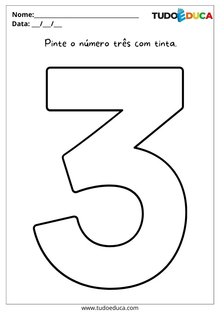 Atividade com números para alunos com TDAH no maternal para imprimir pinte o número 3 com tinta