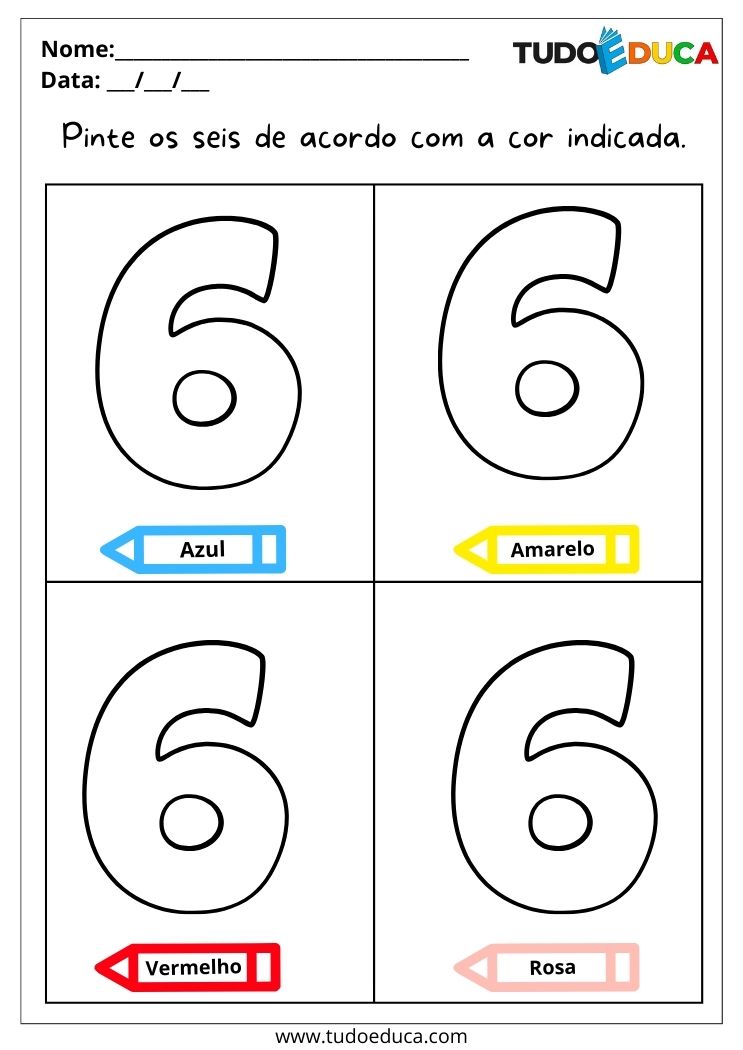 Atividade com números para alunos com TDAH no maternal para imprimir pinte os números 6 seguindo a legenda