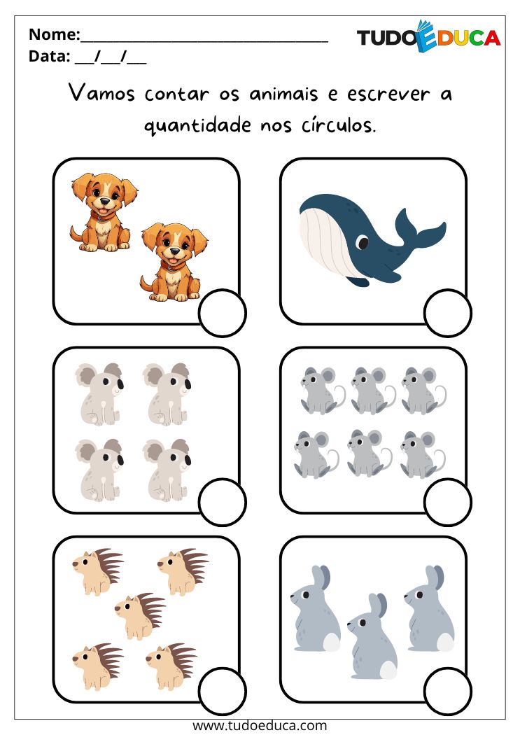 Atividade de Adição para Alunos com Autismo conte os animais e escreva a quantidade em cada círculo