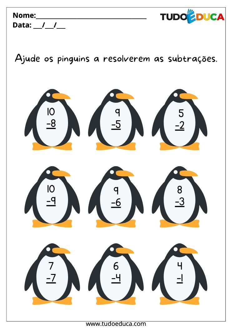 Atividade de Subtração para Alunos com Autismo equações dos pinguins