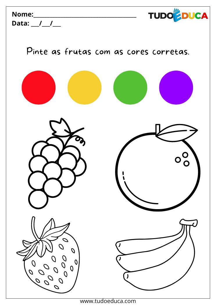 Atividade de maternal 2 para imprimir pinte as frutas com as cores corretas