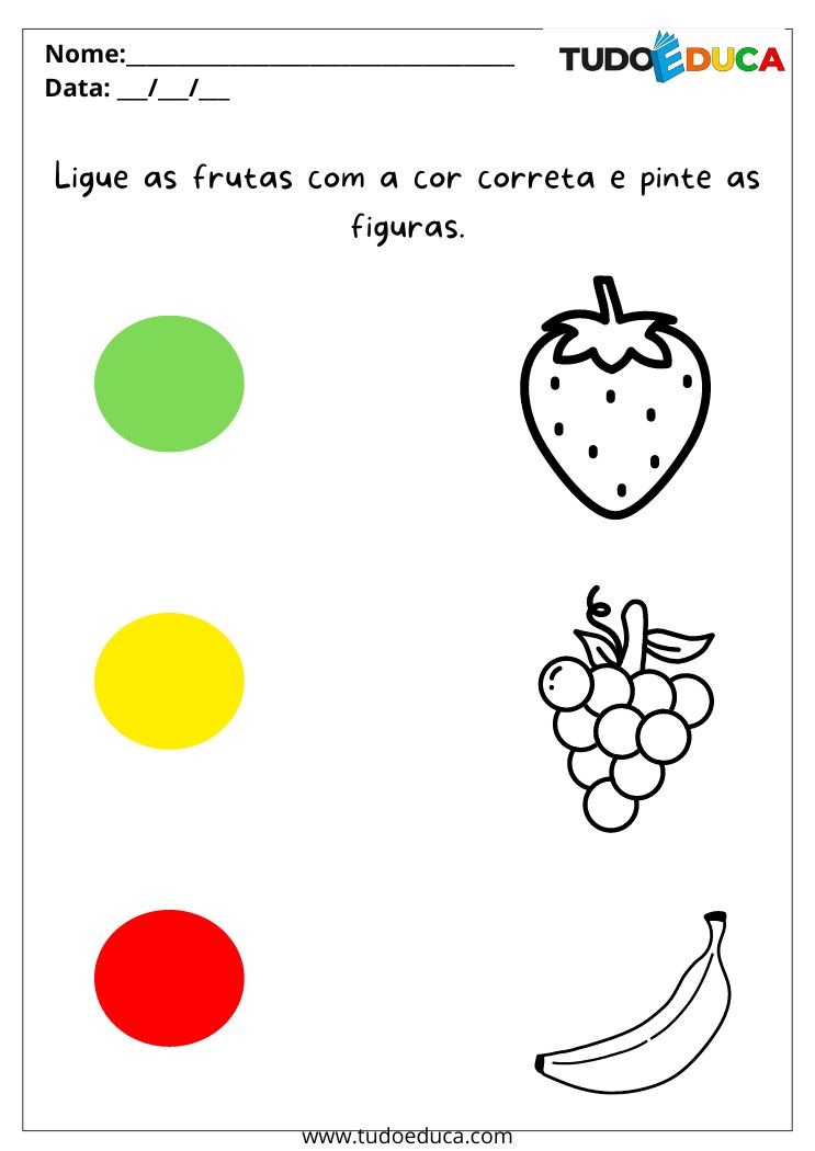 Atividade de maternal 2 para imprimir pinte as frutas e ligue nas cores corretas