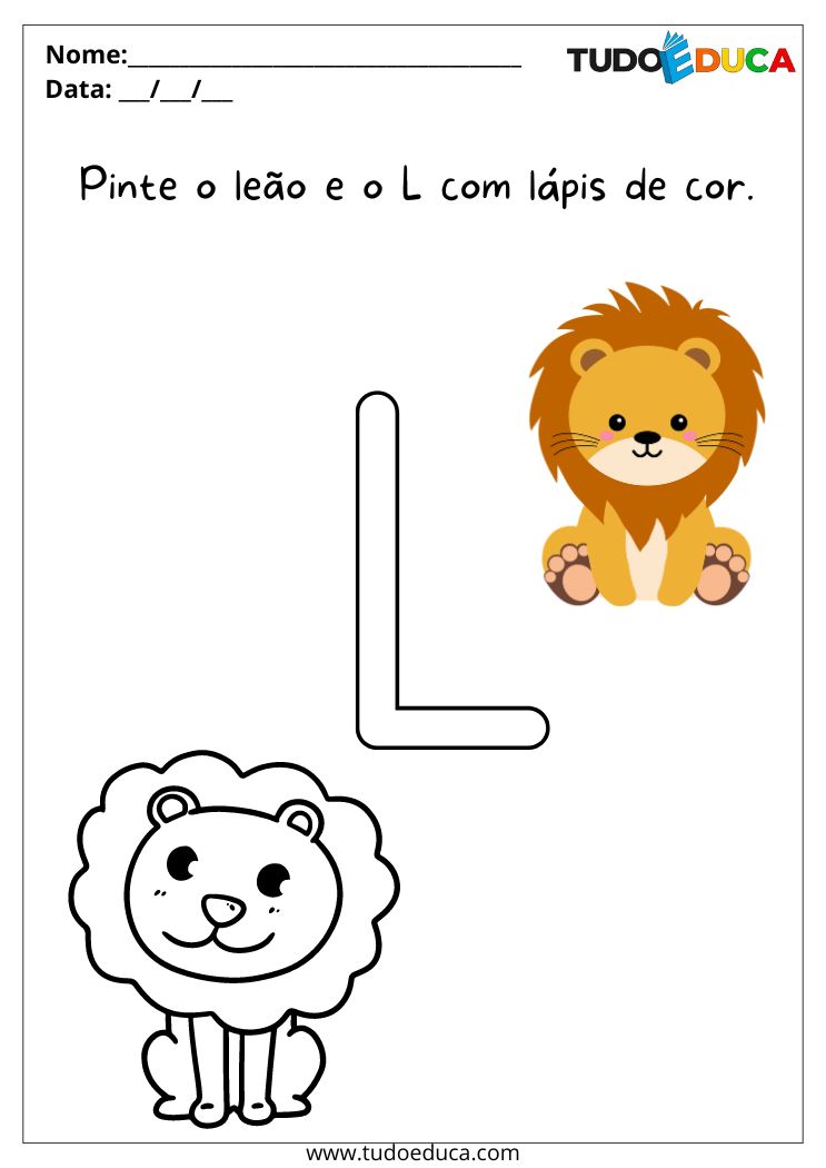Atividade para educação infantil (3 anos) pinte o leão e a letra L com lápis de cor