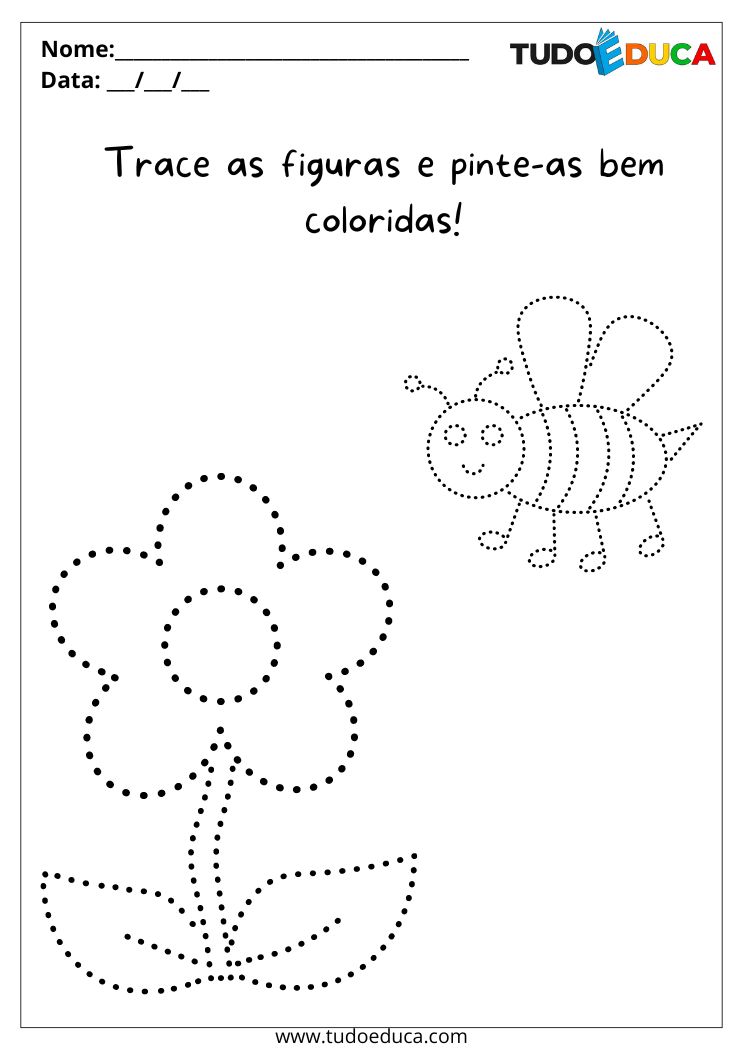 Atividade para educação infantil (3 anos) trace e pinte a abelha e a flor