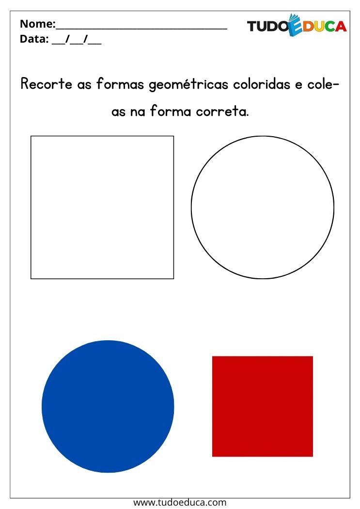 Atividade de Colagem para a Educação Infantil recorte as formas e cole na forma geométrica correta