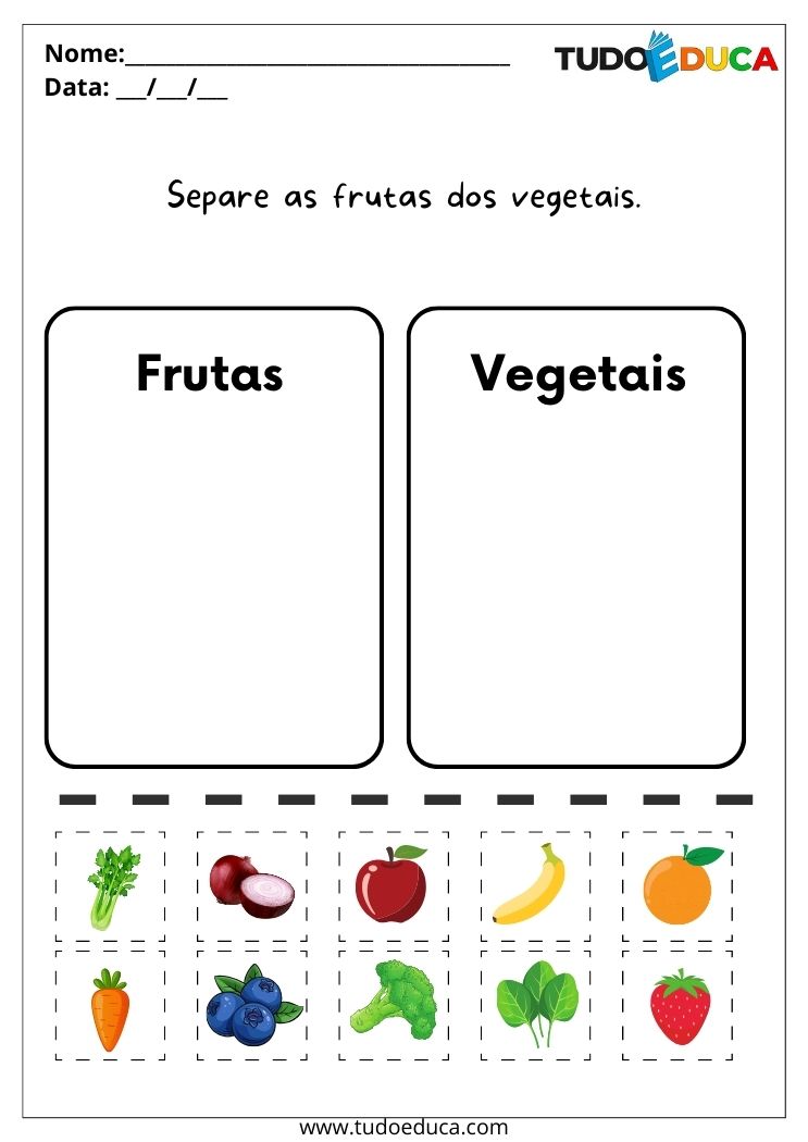 Atividade de Colagem para a Educação Infantil separe as frutas dos vegetais