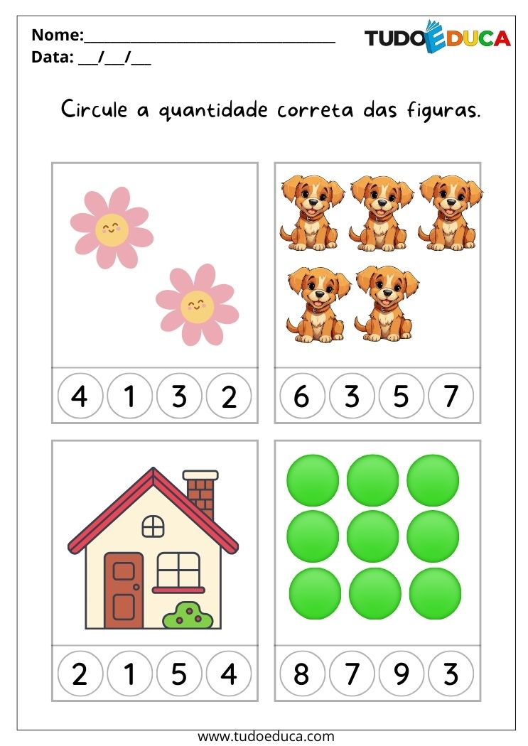 Atividade de Inclusão para a Educação Infantil circule a quantidade de figuras que cada quadrado possui