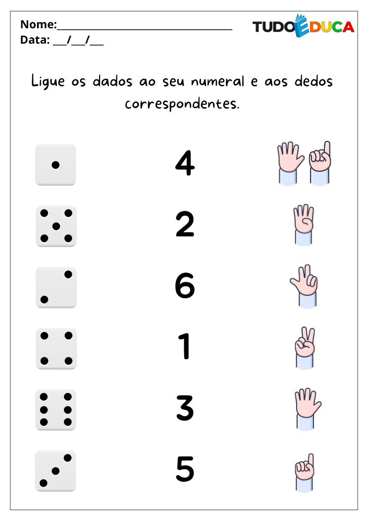 Atividade de Inclusão para a Educação Infantil ligue os dados ao numeral e dedos correspondentes