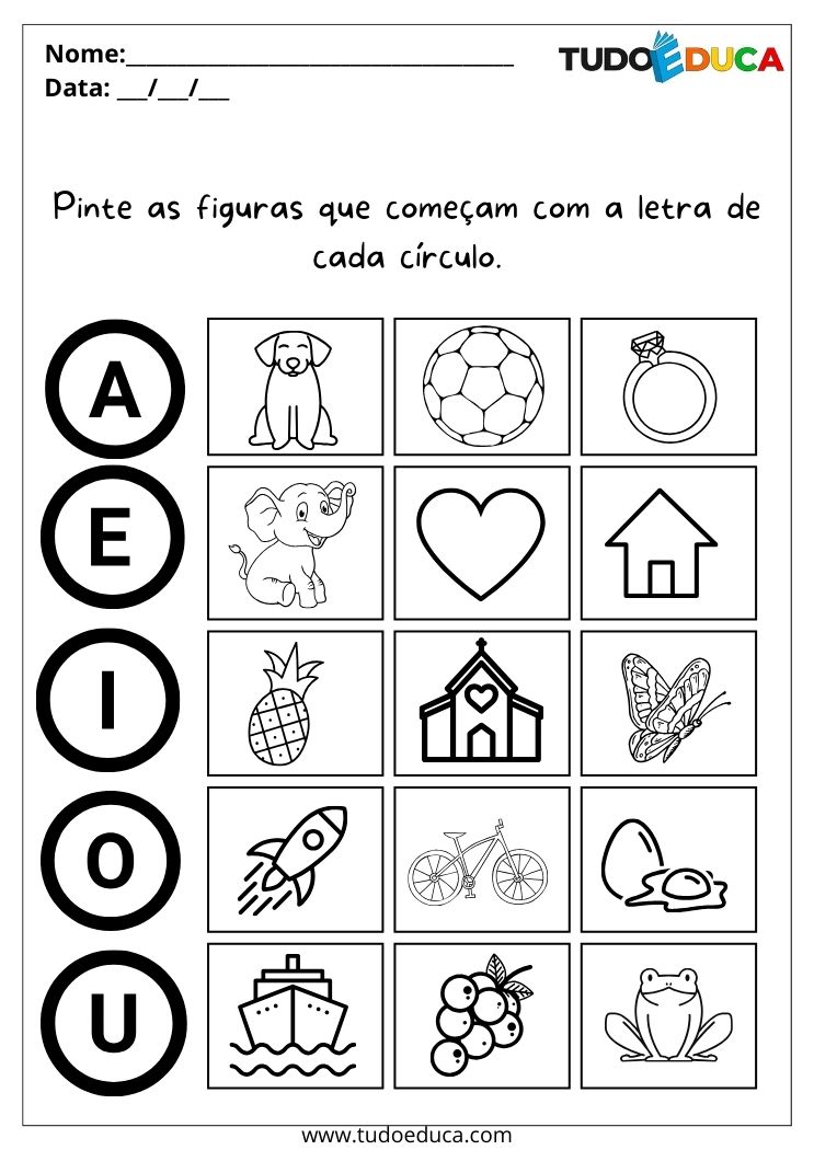 Atividade de Inclusão para a Educação Infantil pinte a figura que representa a letra de cada círculo